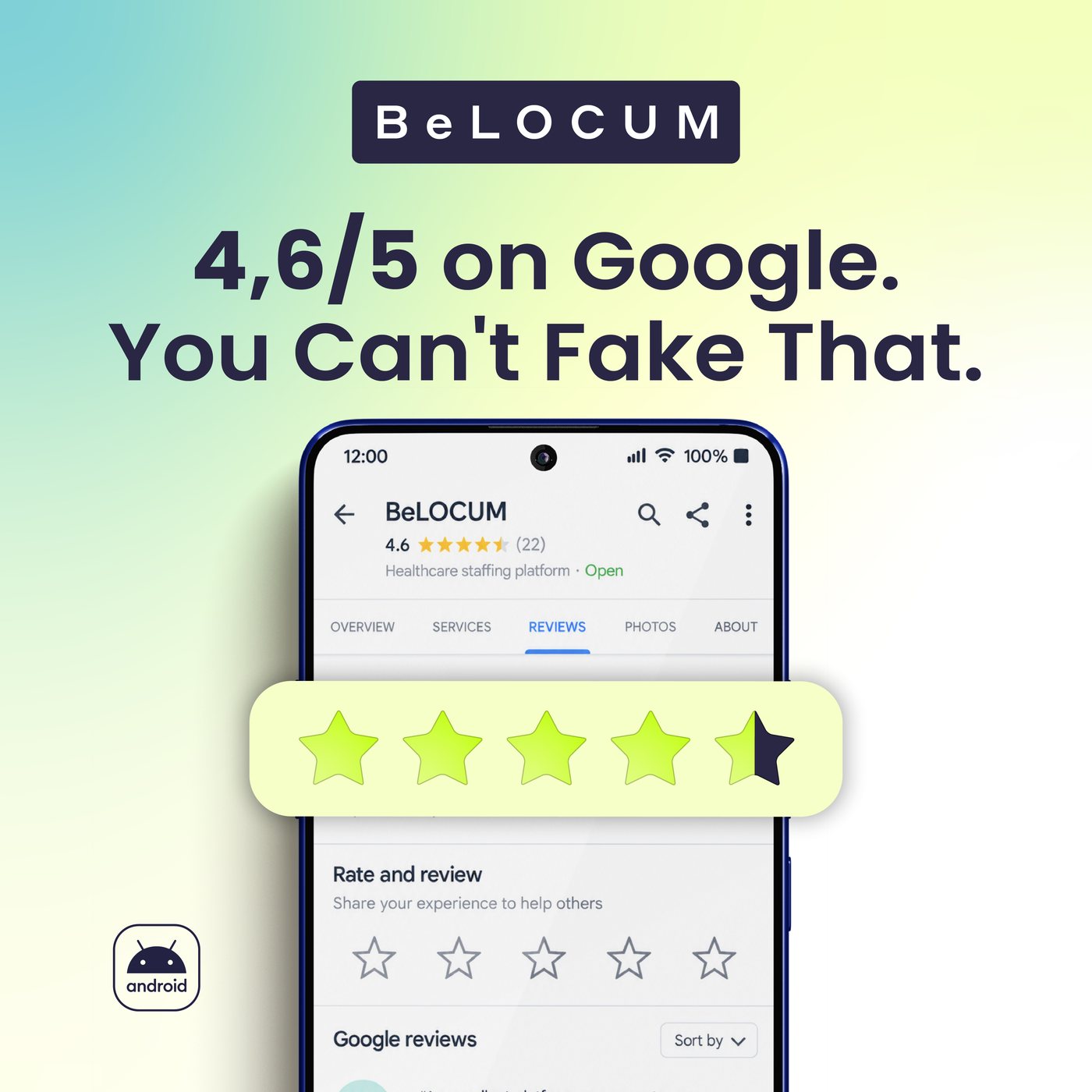 Belocum ad: 4,6/5 on Google. You can’t fake that. A phone shows the Google listing with five large lime stars lifted off the screen