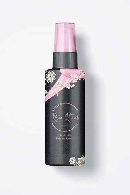 Bio Rituel rose water spray bottle in matte black with pink blossoms and zellige pattern