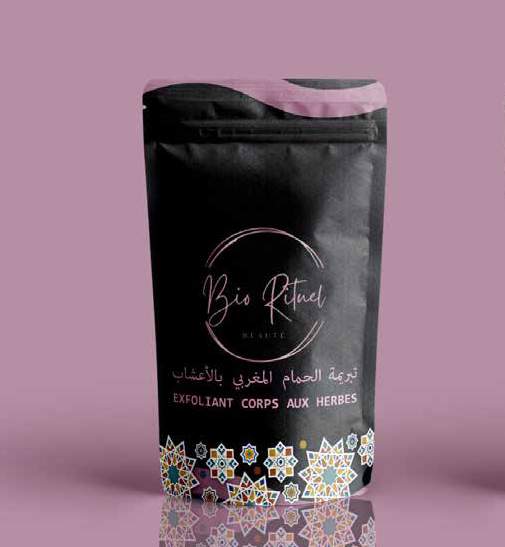 Bio Rituel herbal body scrub pouch with Arabic and French text