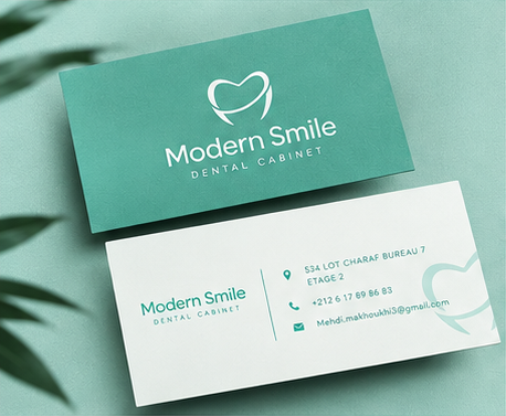 Modern Smile business cards, turquoise front and white back