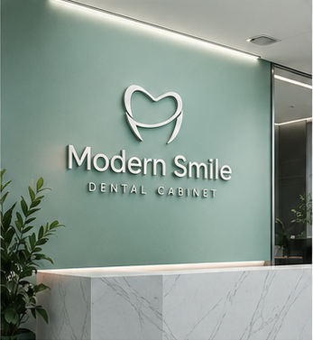 Modern Smile logo as a raised white sign on a mint reception wall