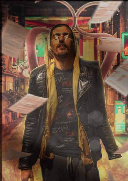 Hooded man walking toward the camera through a neon street with flying papers and fire