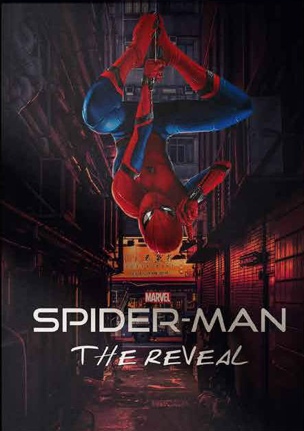 Spider-Man hanging upside down in a red-lit city alley, title The Reveal