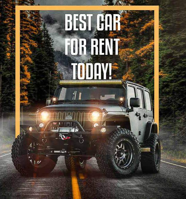 Jeep on a wet forest road bursting through an orange frame, headline Best car for rent today