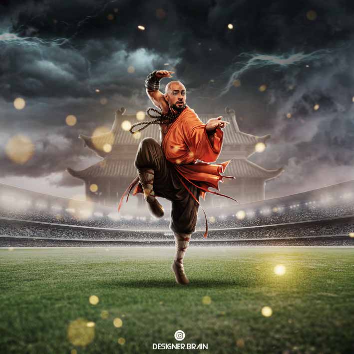 Shaolin monk mid-kick on a football pitch with a temple behind the stadium