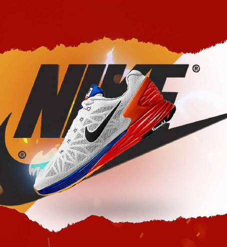 Nike running shoe bursting through torn red paper over a large Nike wordmark